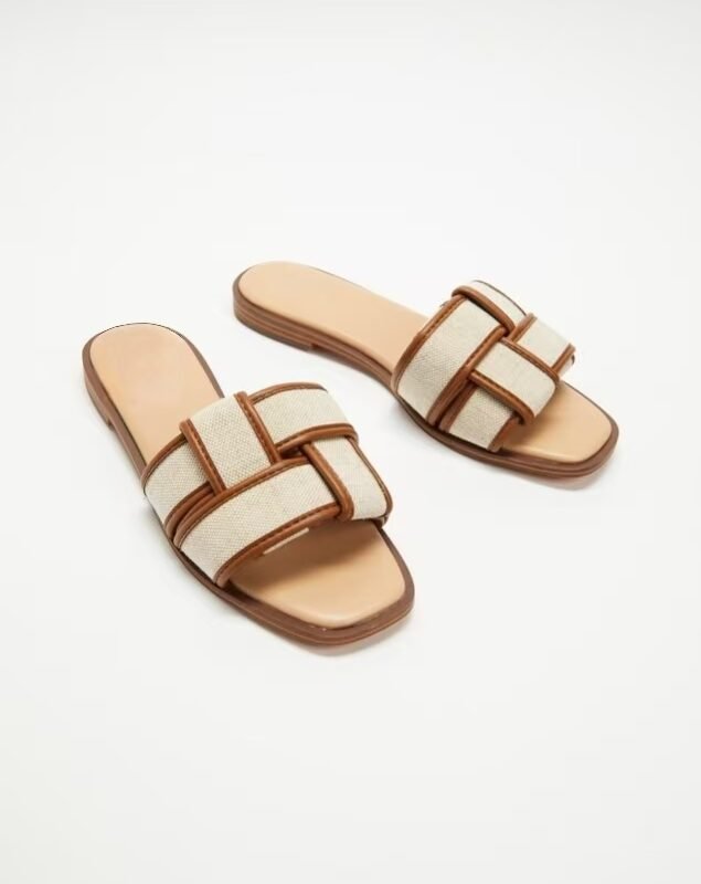 Beige & Tan Interwoven Square Toe Slide Sandals