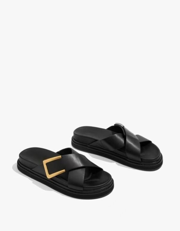 Black Leather Slide Sandals