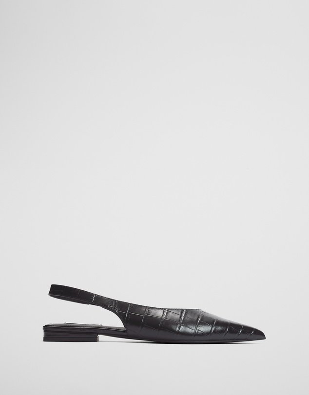 Black Croc Embossed Pointed Toe Slingback Flats