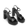 Custom Logo Black Leather Platform Block Heel Sandal