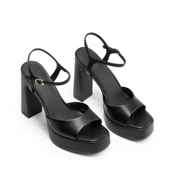 Custom Logo Black Leather Platform Block Heel Sandal