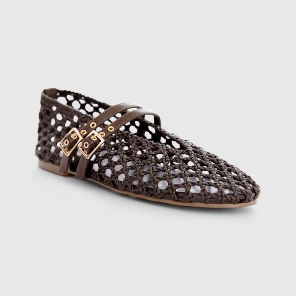 Custom Logo Brown Woven Double Buckle Mary Jane Flat