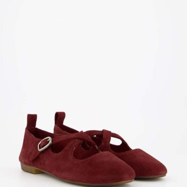 Custom Logo Burgundy Suede T-Strap Mary Jane Flat(1)