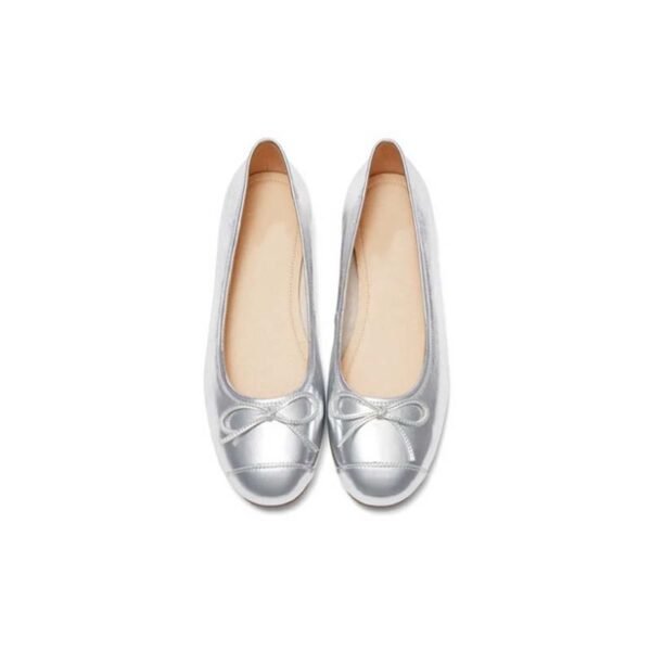 Custom Embroidery Silver Bow Mary Jane Flat Shiny Silver Cap-Toe Ballet Flats with Bow