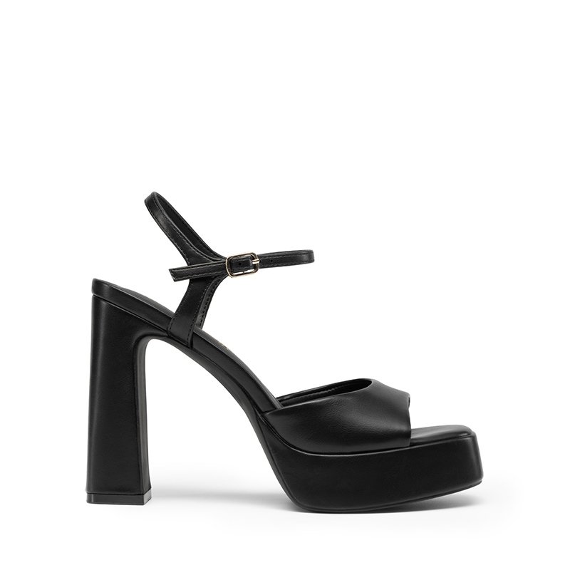 Custom Logo Black Leather Platform Block Heel Sandal Custom Logo Black Leather Platform Block Heel Sandal