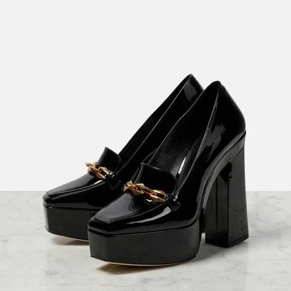 Custom Logo Black Patent Chain Platform Loafer Heel