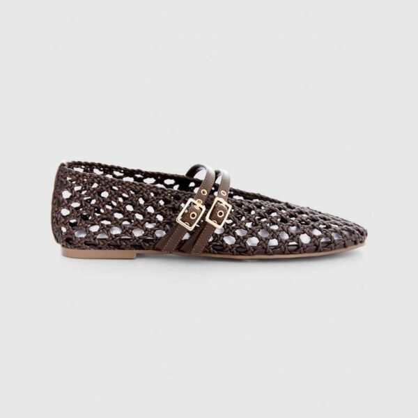 Custom Logo Brown Woven Double Buckle Mary Jane Flat