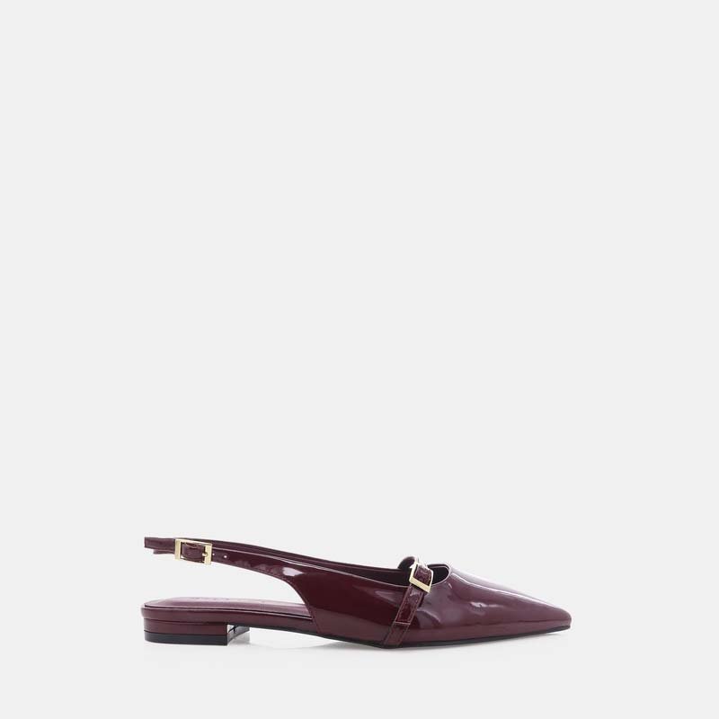 Custom Logo Burgundy Patent Pointed Toe Slingback Flat