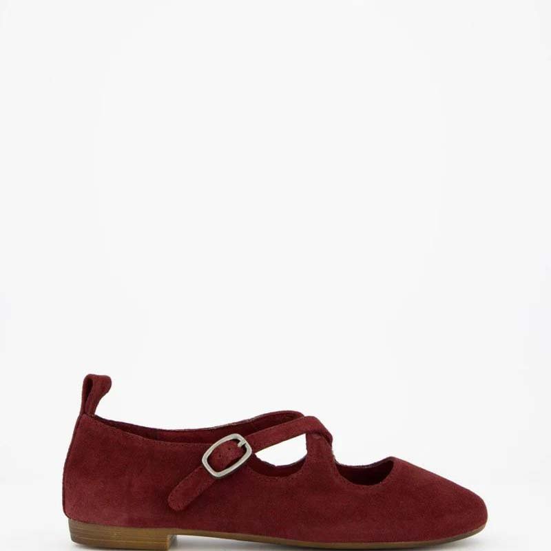 Custom Logo Burgundy Suede T-Strap Mary Jane Flat(1)