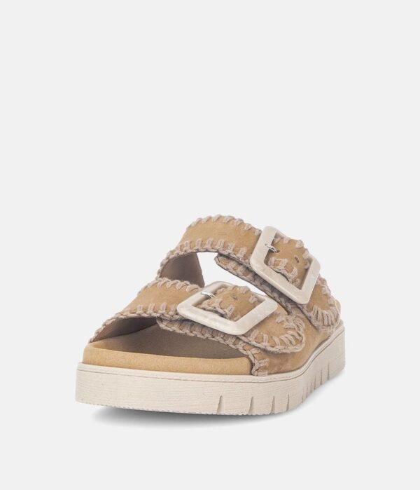 OEM Women's Tan Suede Double Buckle Platform Slide Sandals with Stitch Detail
