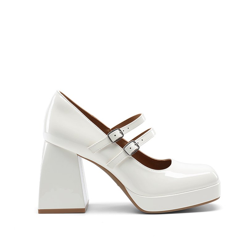 Custom Logo White Patent Double Strap Platform Mary Jane Heel Custom Logo White Patent Double Strap Platform Mary Jane Heel