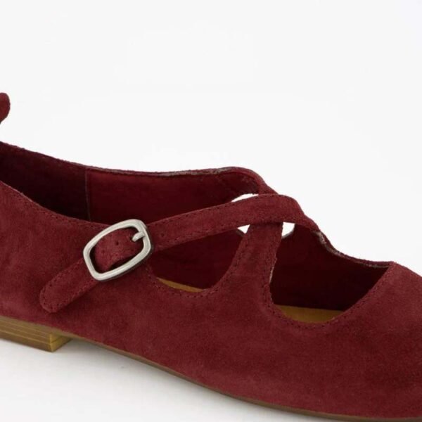 Custom Logo Burgundy Suede T-Strap Mary Jane Flat(1)