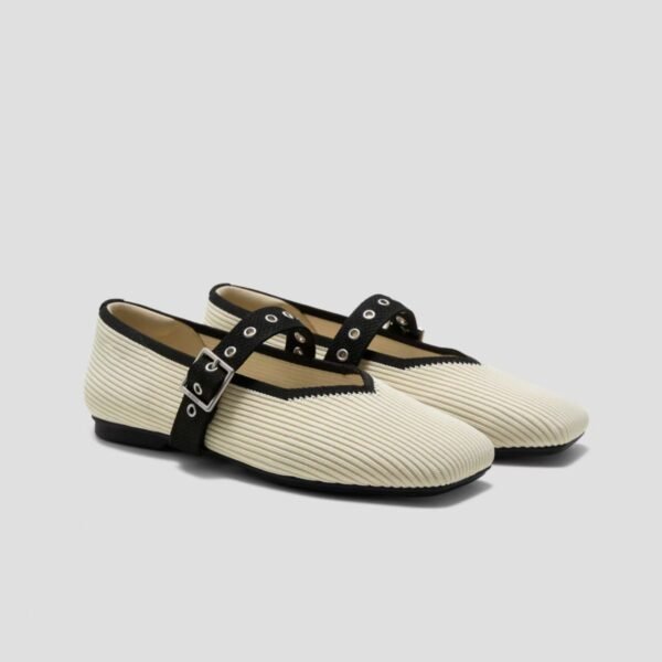 OEM Corduroy Mary Jane Flats Black White Strap Flats