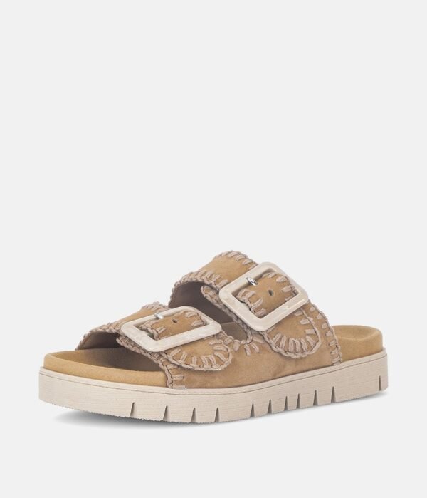 OEM Women's Tan Suede Double Buckle Platform Slide Sandals with Stitch Detail
