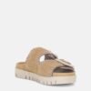 OEM Women's Tan Suede Double Buckle Platform Slide Sandals with Stitch Detail