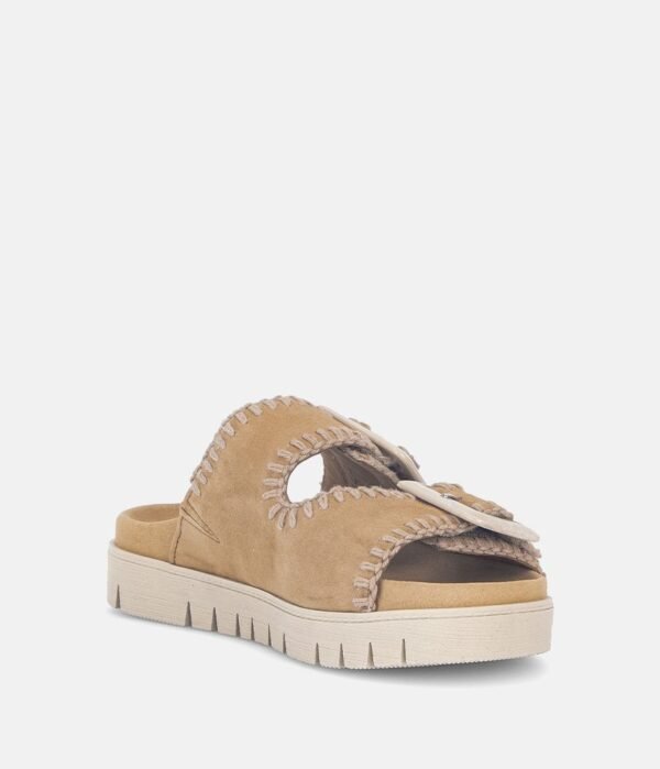 OEM Women's Tan Suede Double Buckle Platform Slide Sandals with Stitch Detail