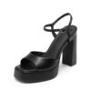 Custom Logo Black Leather Platform Block Heel Sandal