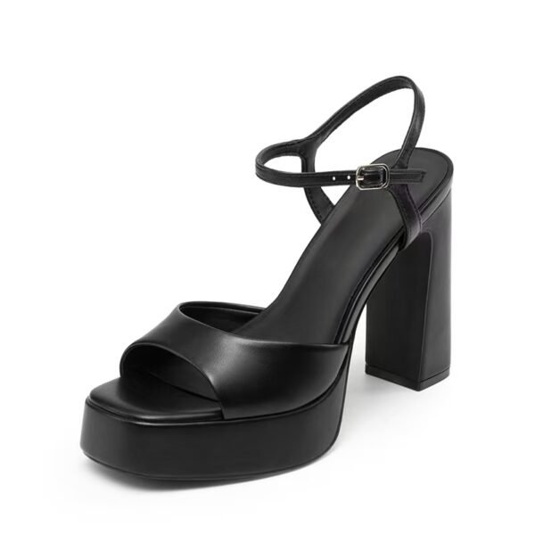Custom Logo Black Leather Platform Block Heel Sandal