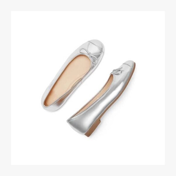 Personalized Bow Detail Silver Ballet Flat Shiny Silver Cap-Toe Ballet Flats with Bow