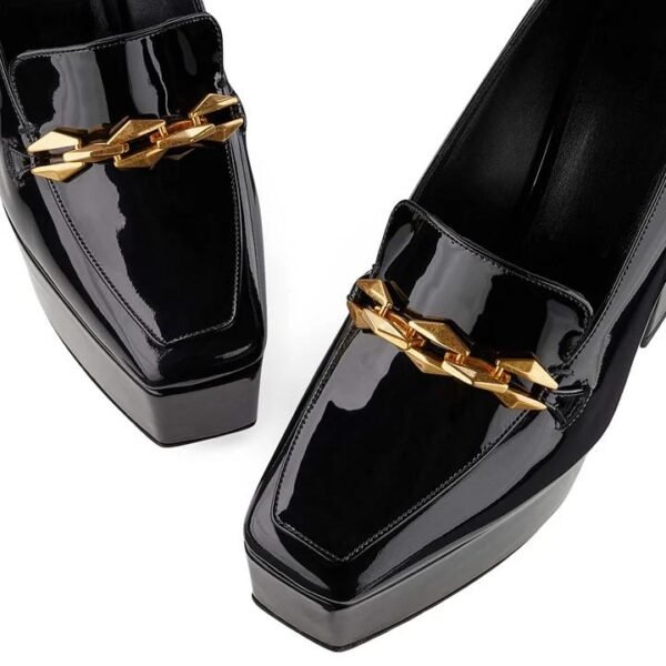 Custom Logo Black Patent Chain Platform Loafer Heel