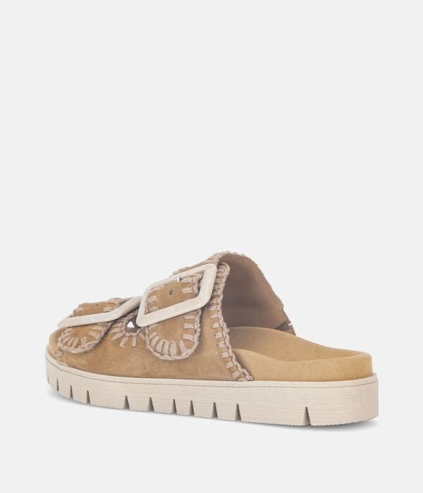 OEM Women's Tan Suede Double Buckle Platform Slide Sandals with Stitch Detail
