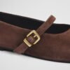 Small MOQ Chestnut Buckle Flats Custom Logo Suede Mary Jane Flats