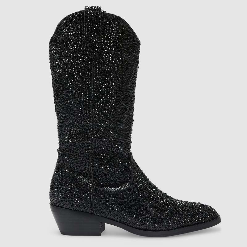 Women's Rhinestone Embellished Western Cowboy Boots - Mid Calf Sparkly Cowgirl Boots